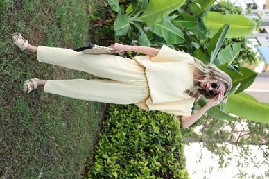 Düşük Kol Sarı Örme Keten Takım