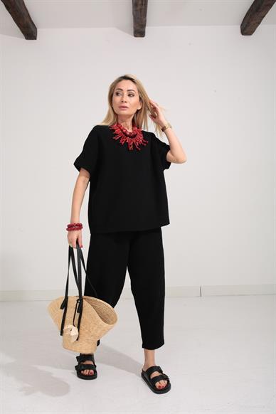 Düşük Kol Siyah Örme Keten Takım