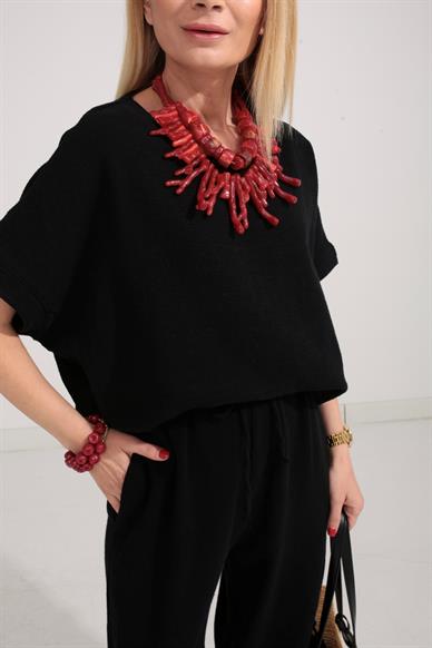 Düşük Kol Siyah Örme Keten Takım