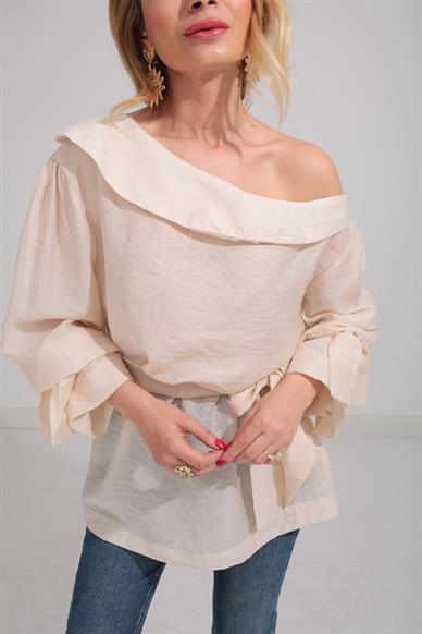 Düşük Omuz Bej Bluz