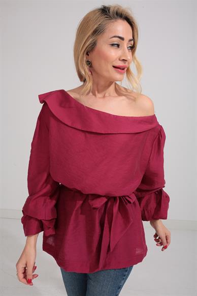 Düşük Omuz Bordo Bluz