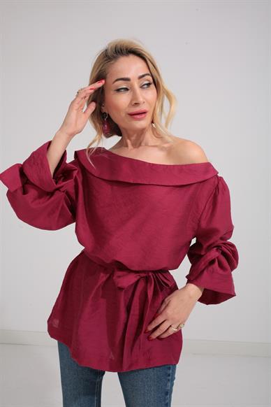 Düşük Omuz Bordo Bluz