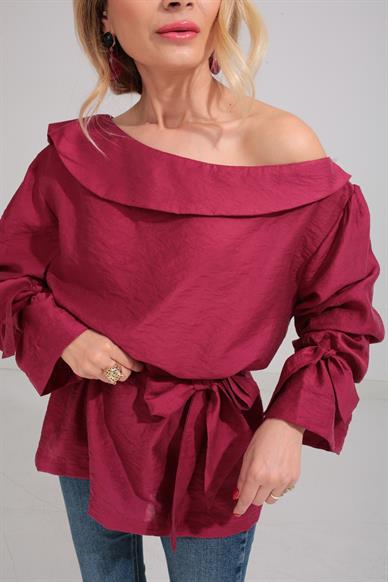 Düşük Omuz Bordo Bluz