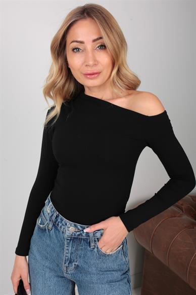 Düşük Omuz Drapeli Siyah Penye Bluz