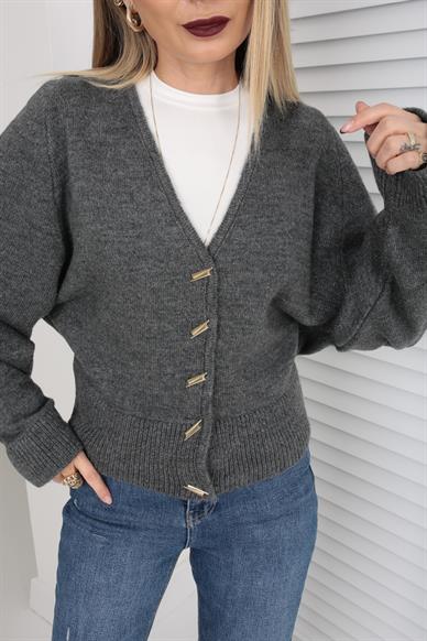 Düşük Omuz Düğme Detay Antrasit Hırka