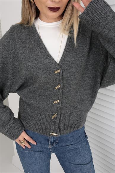 Düşük Omuz Düğme Detay Antrasit Hırka