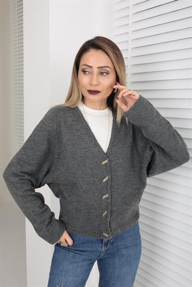 Düşük Omuz Düğme Detay Antrasit Hırka