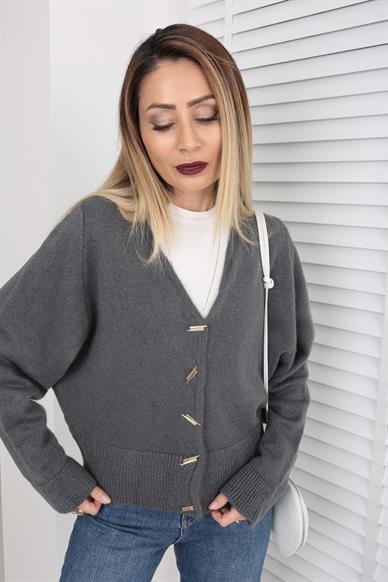Düşük Omuz Düğme Detay Füme Hırka