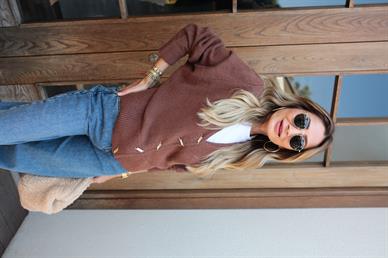 Düşük Omuz Düğme Detay Kiremit Hırka