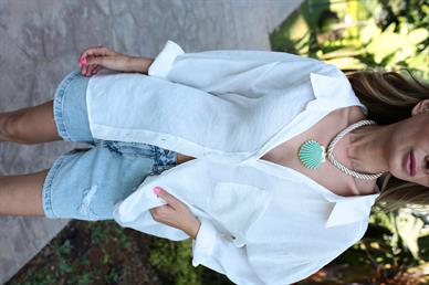 Düşük Omuz Oversize Ekru Gömlek