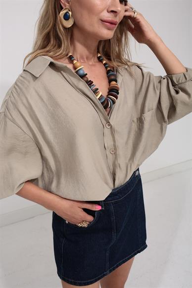 Düşük Omuz Oversize Haki  Gömlek