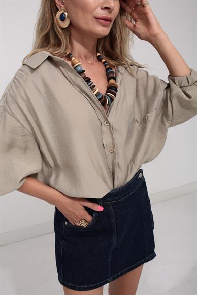 Düşük Omuz Oversize Haki  Gömlek