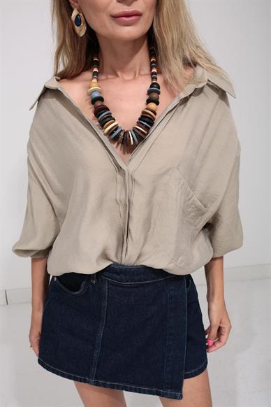 Düşük Omuz Oversize Haki  Gömlek