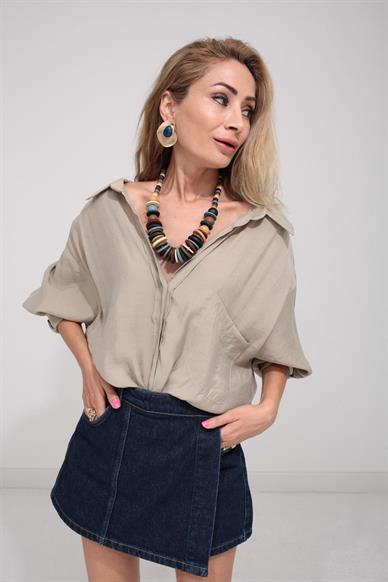 Düşük Omuz Oversize Haki  Gömlek