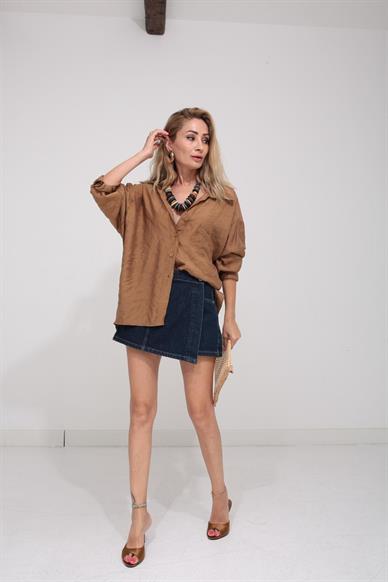 Düşük Omuz Oversize Kahve  Gömlek
