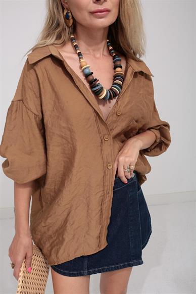 Düşük Omuz Oversize Kahve  Gömlek