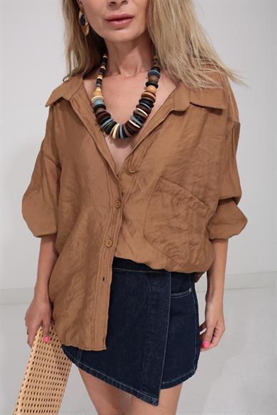 Düşük Omuz Oversize Kahve  Gömlek