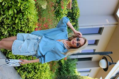 Düşük Omuz Oversize Mavi  Gömlek