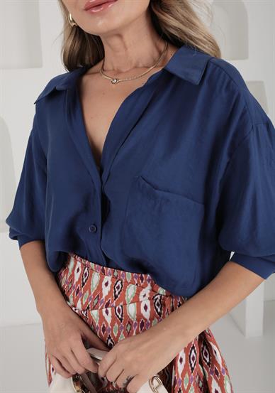 Düşük Omuzlu Oversize Lacivert Gömlek