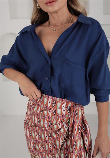 Düşük Omuzlu Oversize Lacivert Gömlek