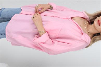 Düşük Omuzlu Oversize Pembe Gömlek