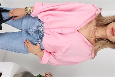 Düşük Omuzlu Oversize Pembe Gömlek
