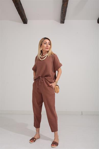 Düşüşk Kol Kahve Örme Keten Takım