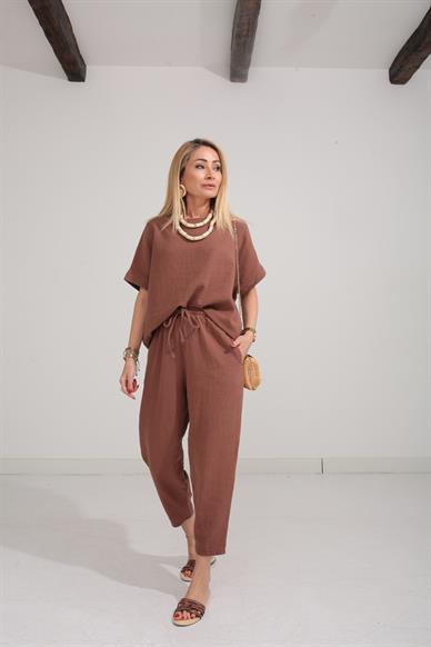 Düşüşk Kol Kahve Örme Keten Takım