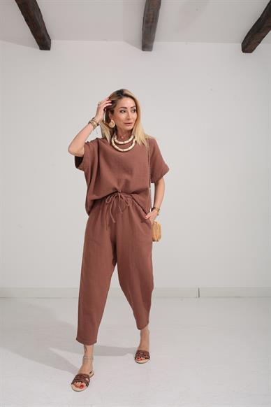 Düşüşk Kol Kahve Örme Keten Takım