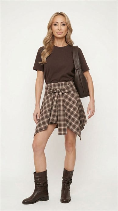 Ekoseli Asimetrik Mini Etek