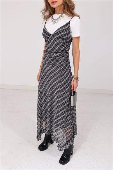 Ekoseli Yanı Drapeli Şifon Elbise