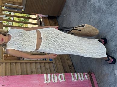 Ekru Ajurlu Crop Etek Triko Takım