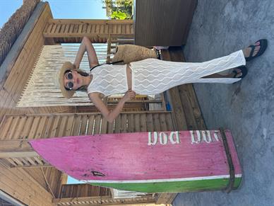 Ekru Ajurlu Crop Etek Triko Takım