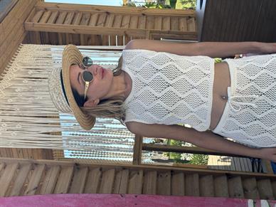 Ekru Ajurlu Crop Etek Triko Takım