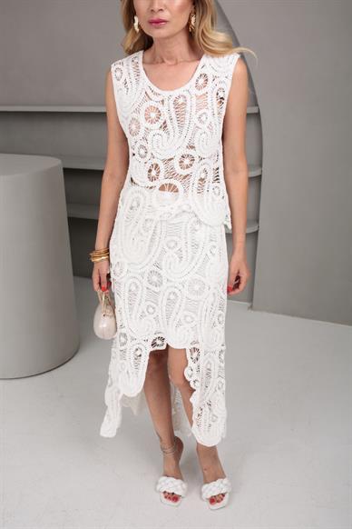 Ekru Asimetrik Örme Etek Bluz Takım