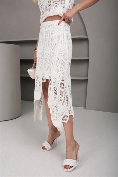 Ekru Asimetrik Örme Etek Bluz Takım