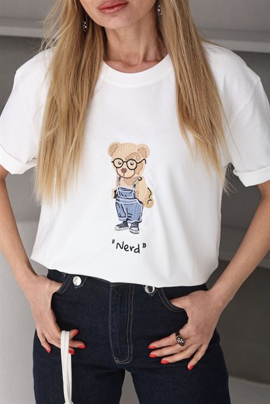 Ekru Ayıcık Nakışlı Basic Tshirt