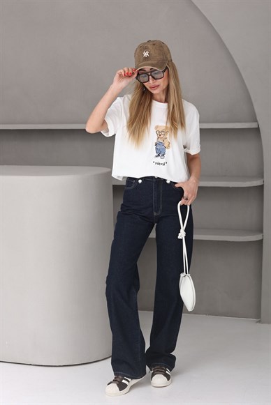 Ekru Ayıcık Nakışlı Basic Tshirt