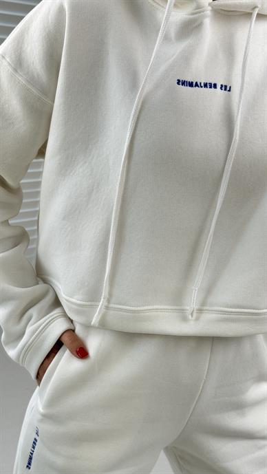 Ekru Benji Nakışlı Kapişonlu Eşofman Takım