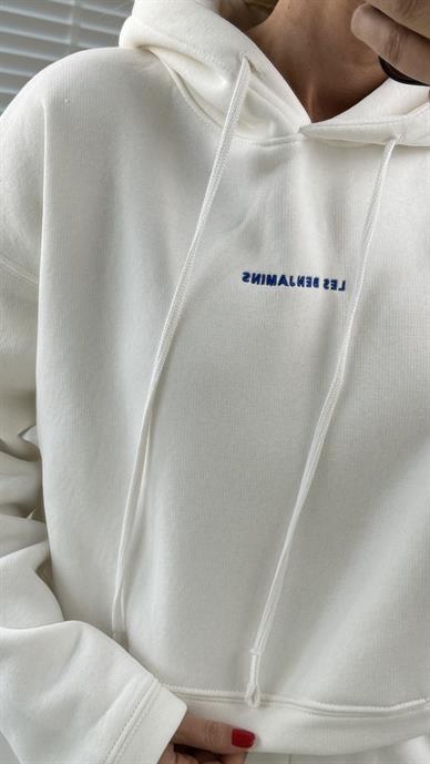 Ekru Benji Nakışlı Kapişonlu Eşofman Takım