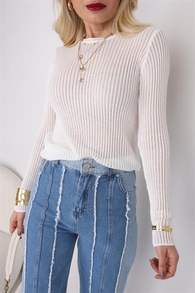 Ekru Bisiklet Yaka Transparan Kazak