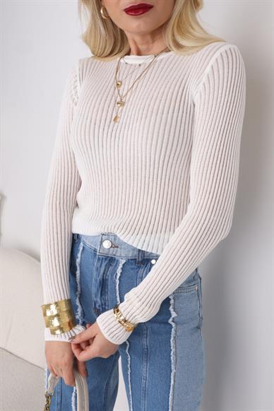 Ekru Bisiklet Yaka Transparan Kazak