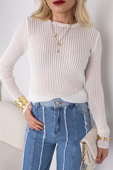 Ekru Bisiklet Yaka Transparan Kazak