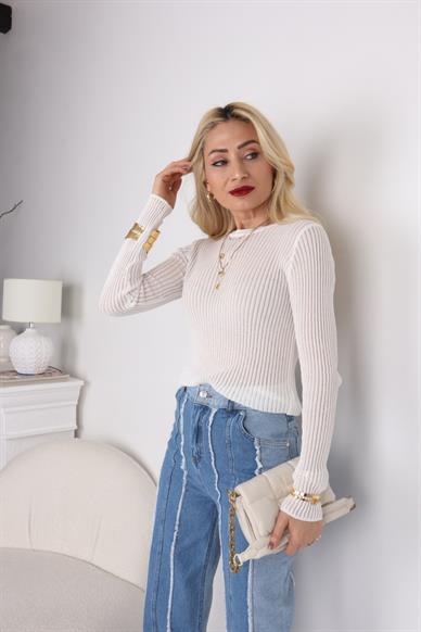 Ekru Bisiklet Yaka Transparan Kazak