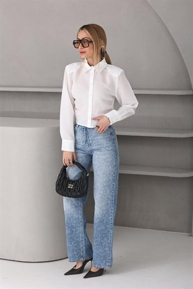 Ekru Çizgili Vatkalı Crop Gömlek