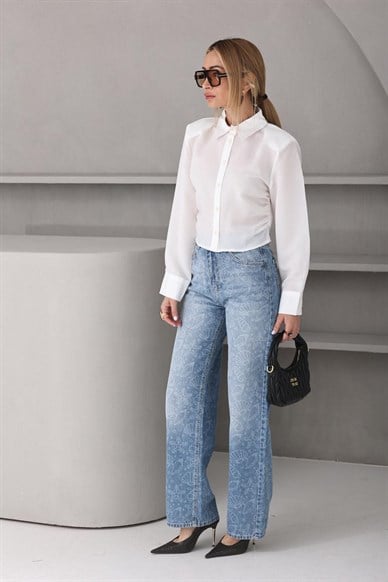 Ekru Çizgili Vatkalı Crop Gömlek