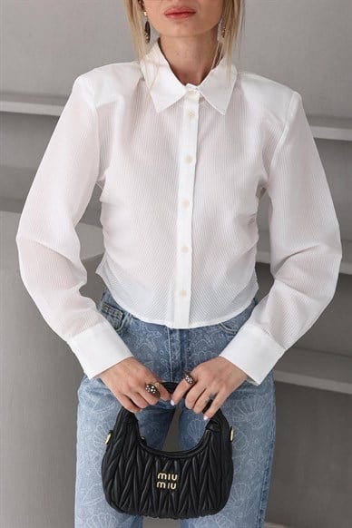 Ekru Çizgili Vatkalı Crop Gömlek