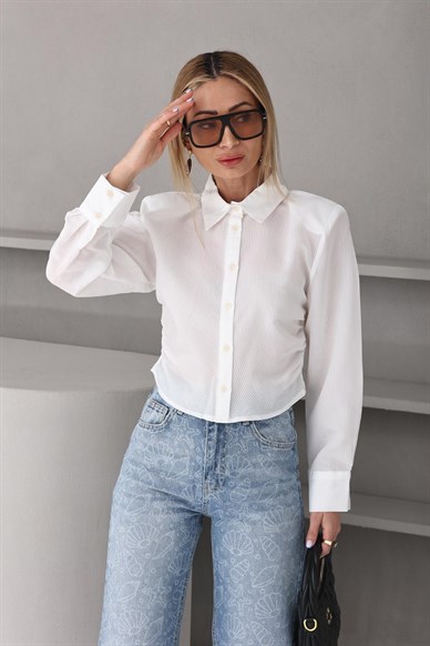 Ekru Çizgili Vatkalı Crop Gömlek