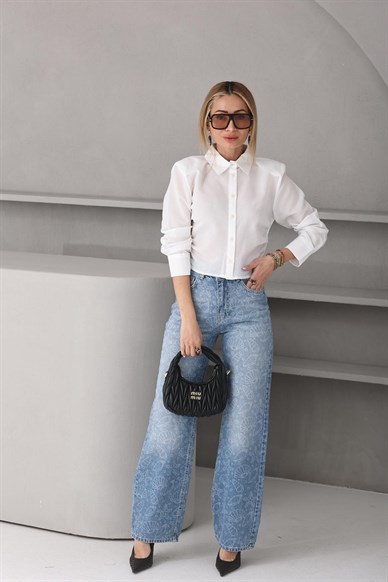 Ekru Çizgili Vatkalı Crop Gömlek