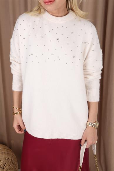 Ekru Dağınık Taşlı Triko Kazak